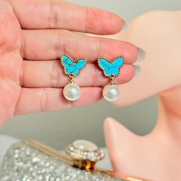 Gold and Turquoise Butterfly Pearl Earrings - Picture 6 of 6